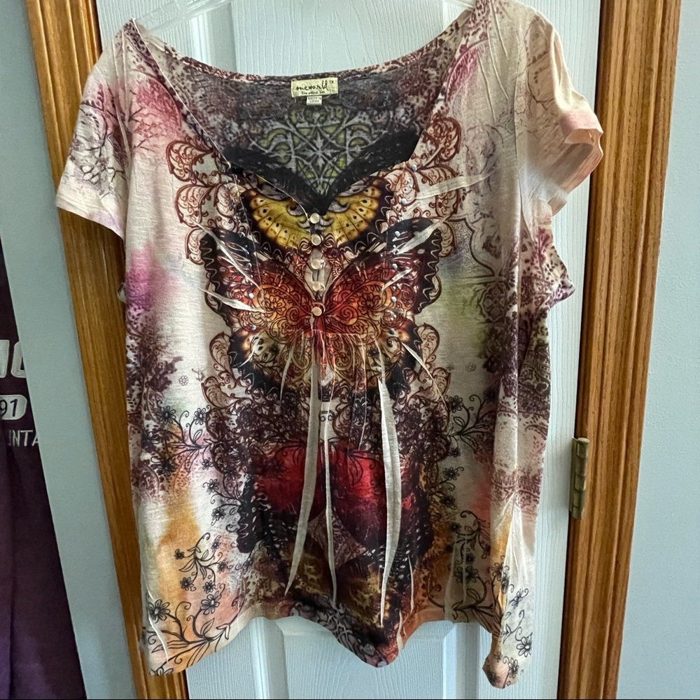 One World Butterfly Boho Top- size 1X